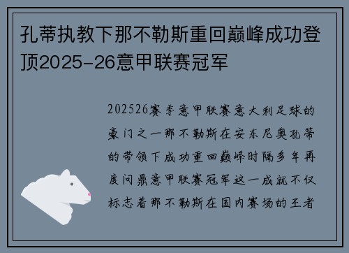 孔蒂执教下那不勒斯重回巅峰成功登顶2025-26意甲联赛冠军