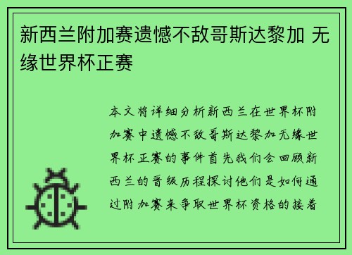 新西兰附加赛遗憾不敌哥斯达黎加 无缘世界杯正赛