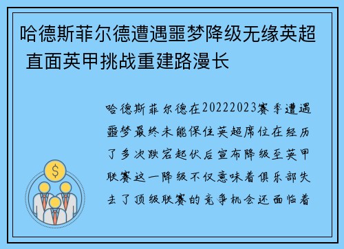 哈德斯菲尔德遭遇噩梦降级无缘英超 直面英甲挑战重建路漫长